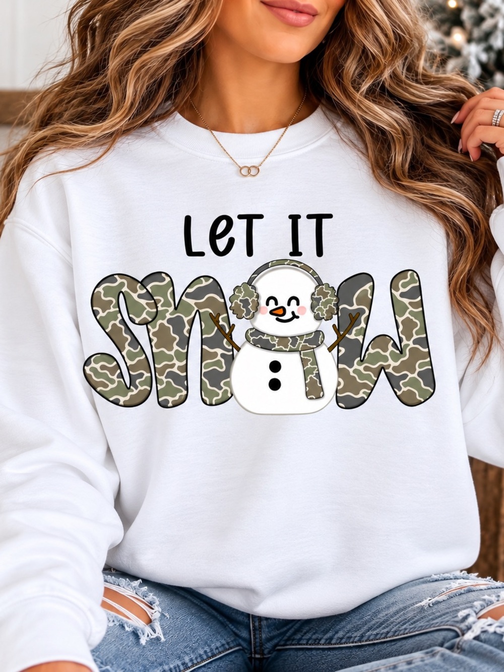 Gildan White 'Let It Snow' Camo Snowman Graphic Sweatshirt - Women's